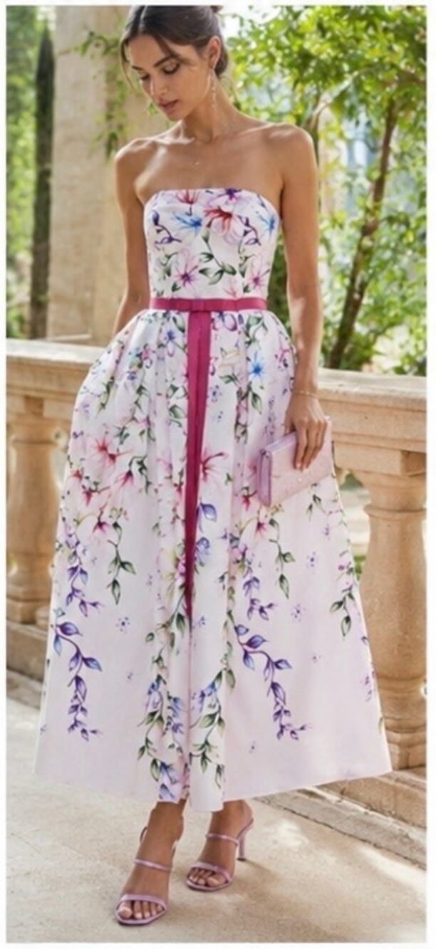 Marchesa Strapless Floral Print Mikado Corset Midi Dress Pink US 4